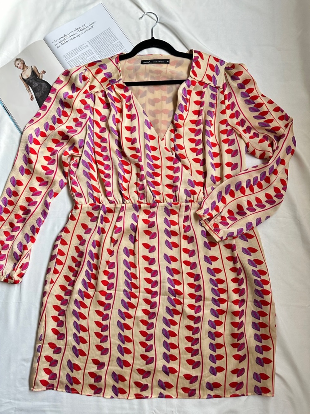 next Cream Long-Sleeve V-Neck Dress with Red & Purple Leaf Print